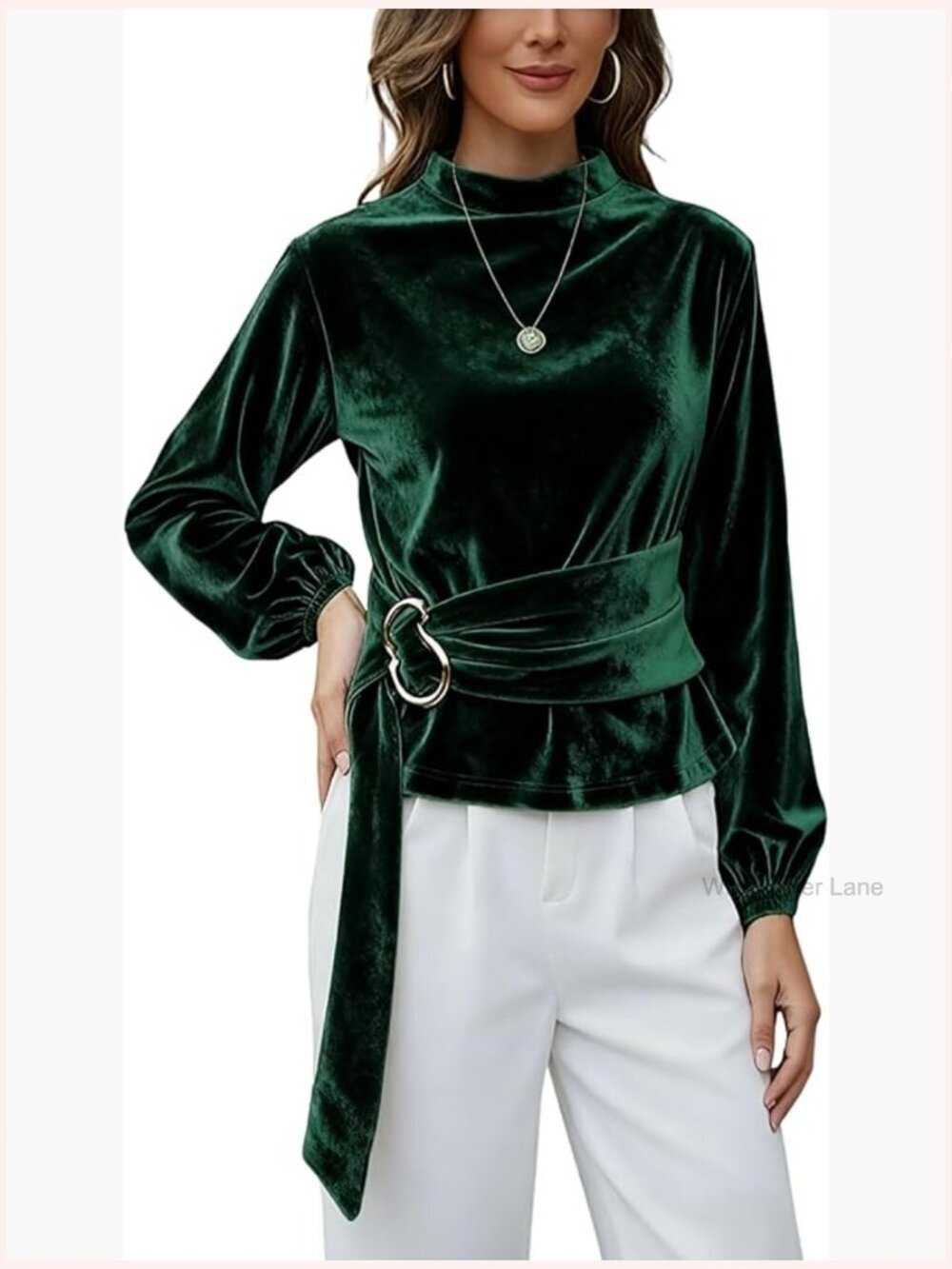 Velvet Long Sleeve Blouse with Belted Waist and Mock Neck